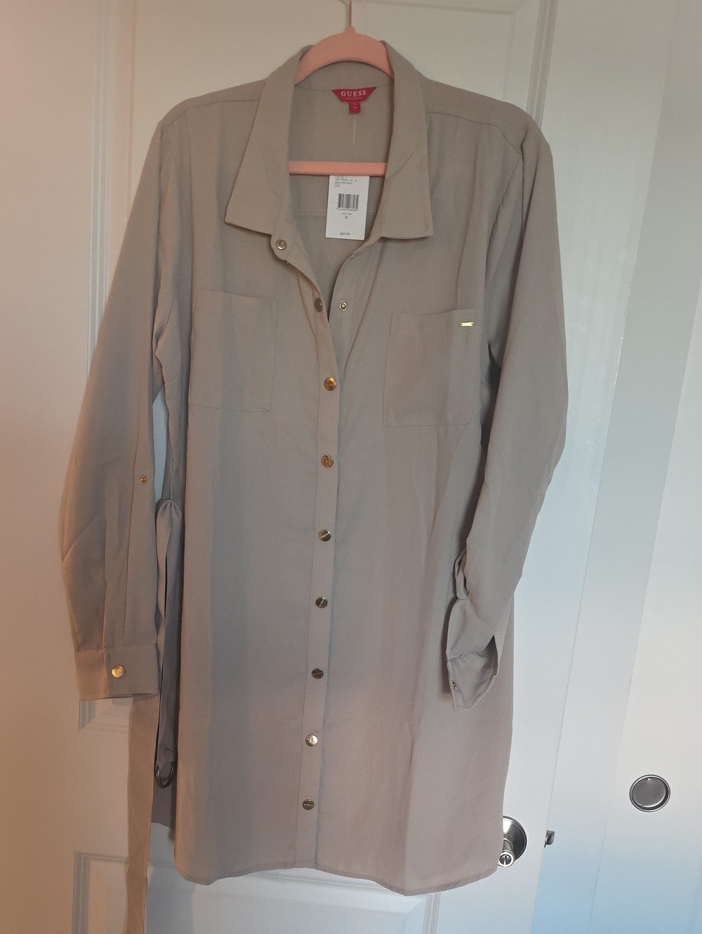 GUESS Taupe Long-Sleeve Button Front Shirt Dress